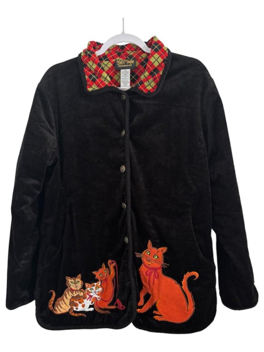 80's-90's Bob Mackie Wearable Art Black Corduroy Button Up Jacket Cat Motifs Med